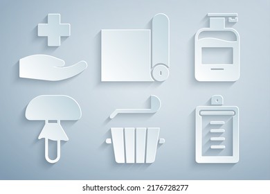 Set Sauna bucket and ladle, Bottle of liquid soap, Mushroom, Clipboard with checklist, Fitness mat roll and Cross hospital medical icon. Vector