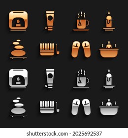 Set Sauna bucket and ladle, Burning candle, Bathtub, Slipper, Stack hot stones, Cup of tea with tea bag, Aroma lamp and Cream or lotion cosmetic tube icon. Vector