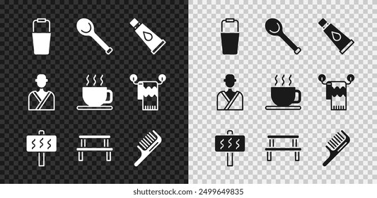 Set Sauna bucket, ladle, Cream or lotion cosmetic tube, wood bench, Hairbrush, Man in the sauna and Cup of tea icon. Vector