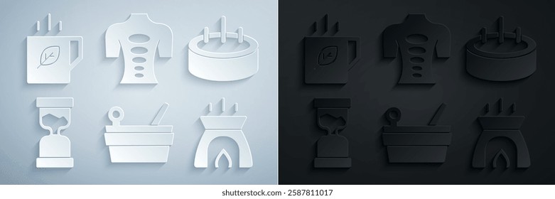 Set Sauna bucket and ladle, Swimming pool with ladder, Old hourglass, Aroma candle, Massage stone therapy and Cup of tea leaf icon. Vector