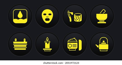 Set Sauna bucket, Mortar and pestle, Aroma candle, Cream lotion cosmetic tube, Wooden axe in stump, Facial mask, Kettle with handle and Water drop icon. Vector