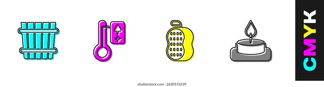 Set Sauna bucket, thermometer, Washcloth and Aroma candle icon. Vector
