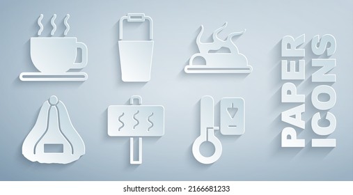 Ponga un ícono de Sauna, Fogata, sombrero, termómetro, balde y Taza de té. Vector