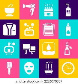 Set Sauna clock, Essential oil bottle, Spray can for hairspray, Hot sauna stones, Bar of soap, Bathrobe, Mortar and pestle and Bathroom scales icon. Vector