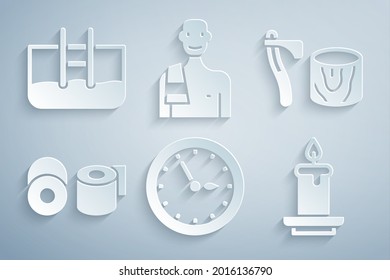Set Sauna clock, Wooden axe in stump, Toilet paper roll, Aroma candle, Man the sauna and Swimming pool with ladder icon. Vector