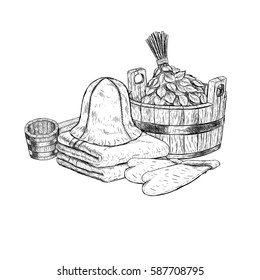 Set for sauna. Hand drawn items for bath. Retro set of sketches isolated. Basin ladle towel cap mittens broom in vintage style. Doodle linear graphic design. Black white image. Vector illustration.