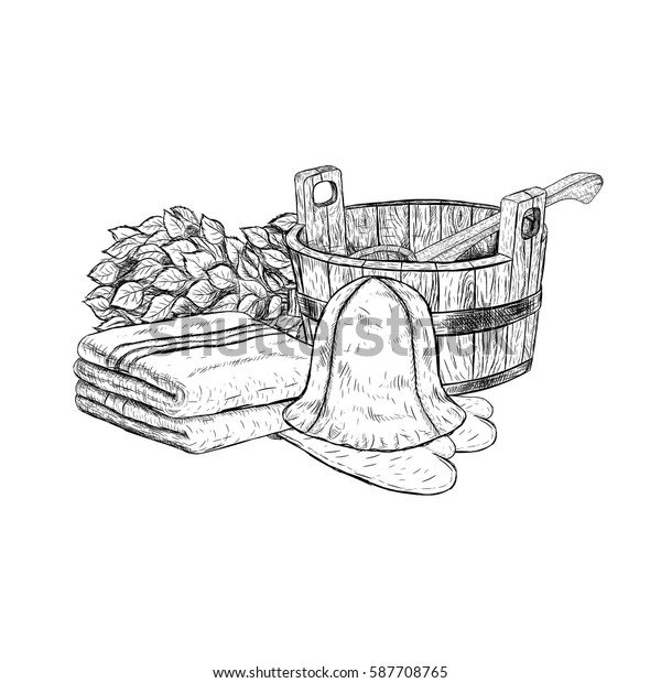 サウナにセット 手描きの風呂用品 レトロなスケッチのセット ビンテージ風の箒についた鉢状の柄杓 落書き風線形グラフィックデザイン 白黒の画像 ベクター イラスト のベクター画像素材 ロイヤリティフリー