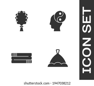 Set Sauna hat, broom, Towel stack and Yin Yang icon. Vector