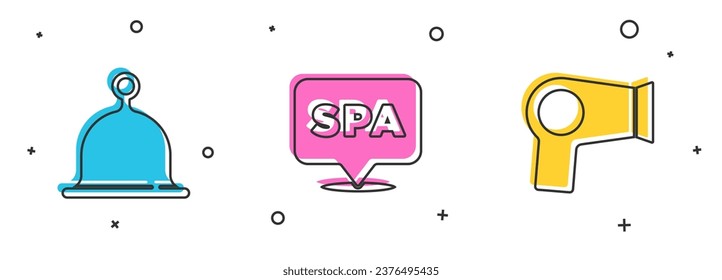 Set Sauna hat, Spa salon and Hair dryer icon. Vector