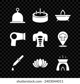 Set Sauna hat, Swimming pool with ladder, Aroma candle, Pipette, Lotus flower, Hair dryer and Massage stone therapy icon. Vector