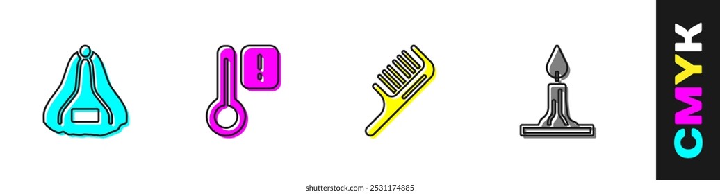 Conjunto de sombrero de sauna, termómetro, cepillo de pelo y icono de vela ardiente. Vector