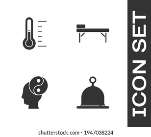Set Sauna hat, thermometer, Yin Yang and Massage table icon. Vector