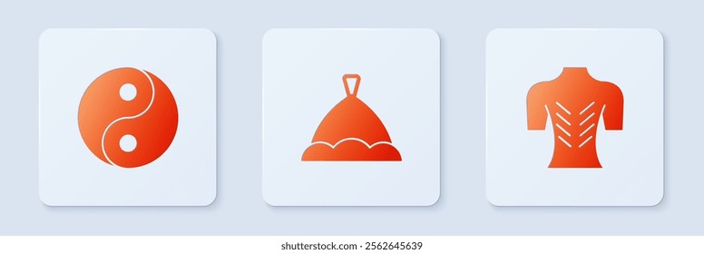 Set Sauna hat, Yin Yang and Massage. White square button. Vector