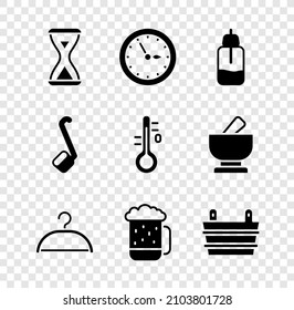 Set Sauna Hourglass, Clock, Essential Oil Bottle, Hanger Wardrobe, Wooden Beer Mug, Bucket, Ladle And Thermometer Icon. Vector