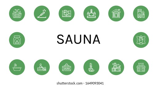 Set of sauna icons. Such as Hot tub, Incense, Fish therapy, Massage, Sauna, Aromatherapy, Aroma, Spa , sauna icons