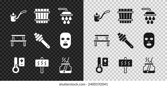 Ponga en juego la escalera de la Sauna, el cubo, la ducha, el termómetro, el difusor de Aroma, el banco de madera y el icono de la barra de la miel. Vector