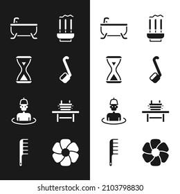 Set Sauna ladle, hourglass, Bathtub, Incense sticks, Man in the sauna, bench with bucket, Flower and Hairbrush icon. Vector