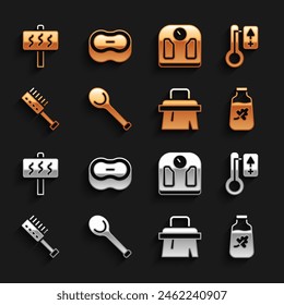 Set Sauna ladle, thermometer, Essential oil bottle, brush, Bathroom scales,  and Bar of soap icon. Vector