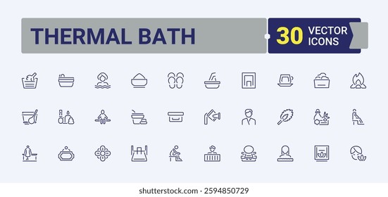 Set of Sauna line icons. Containing beauty care, thermal bath, accessories, beauty, axe, body and more. Outline icon. Minimalist editable vector stroke.