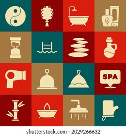 Set Sauna mittens, Spa salon, Essential oil bottle, Bathtub, Swimming pool with ladder, Old hourglass, Yin Yang and Stack hot stones icon. Vector