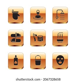 Set Sauna mittens, Spray can for hairspray, bucket, Wooden axe in stump, slippers, Shower, Facial cosmetic mask and Man the sauna icon. Vector