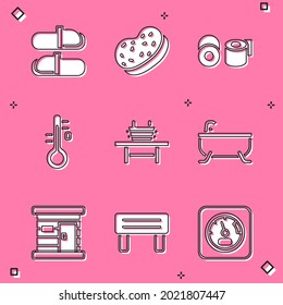 Set Sauna slippers, Bath sponge, Toilet paper roll, thermometer, bench with bucket, Bathtub, wooden bathhouse and  icon. Vector