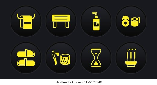 Set Sauna slippers, Toilet paper roll, Wooden axe in stump, hourglass, Cream or lotion cosmetic tube, wood bench, Incense sticks and Towel hanger icon. Vector