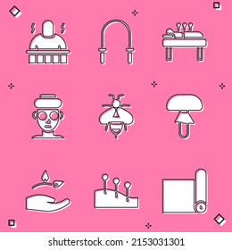 Set Sauna and spa procedures, Jump rope, Acupuncture therapy, Facial cosmetic mask, Bee, Mushroom, Leaf in hand and  icon. Vector