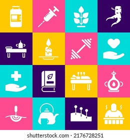 Poner procedimientos de Sauna y spa, botella de aceite, corazón en mano, planta, vela de Aroma, mesa de masaje con aceite, suero de colágeno e icono de Dumbbell. Vector