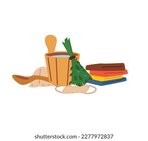 Set of sauna and spa tools flat style, vector illustration isolated on white background. Wooden bucket with water, green birch broom, stack of folded towels and hat