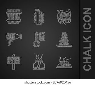 Set Sauna thermometer, Aroma diffuser, Campfire, Stack hot stones, Hair dryer, Bar of soap and bucket icon. Vector