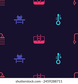 Set Sauna thermometer, bench with bucket, Swimming pool ladder and Shower on seamless pattern. Vector