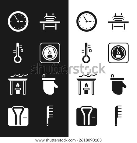 Set Sauna thermometer, clock, bench with bucket, Aroma candle, mittens, Hairbrush and Bathrobe icon. Vector