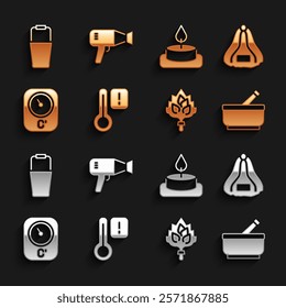 Set Sauna thermometer, hat, Mortar and pestle, broom, Aroma candle, bucket and Hair dryer icon. Vector