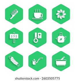 Set Sauna thermometer, ladle, Mortar and pestle, Teapot with leaf, Washcloth, Flower and Hairbrush icon. Vector