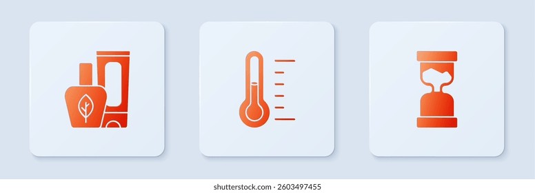 Set Sauna thermometer, Ointment cream tube and Old hourglass. White square button. Vector