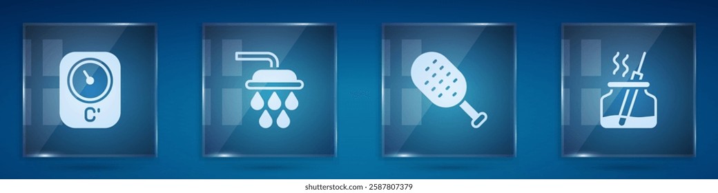 Set Sauna thermometer, Shower, brush and Aroma diffuser. Square glass panels. Vector