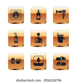 Set Sauna thermometer, Toilet paper roll, Water drop, Man in sauna, Cream or lotion cosmetic tube, Hair dryer, slippers and Spray can for hairspray icon. Vector