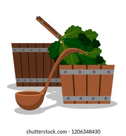 Set for a sauna from two wooden tubs a scoop for water and a broom from oak branches. Vector illustration.