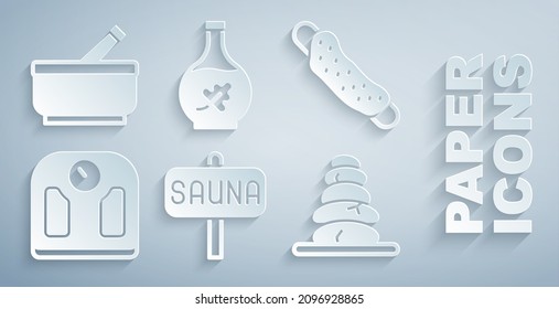 Set Sauna, Washcloth, Bathroom Scales, Stack Hot Stones, Essential Oil Bottle And Mortar And Pestle Icon. Vector