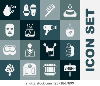 Set Sauna, Washcloth, Essential oil bottle, Hairbrush, Aroma diffuser, Facial cosmetic mask, Water temperature and dryer icon. Vector