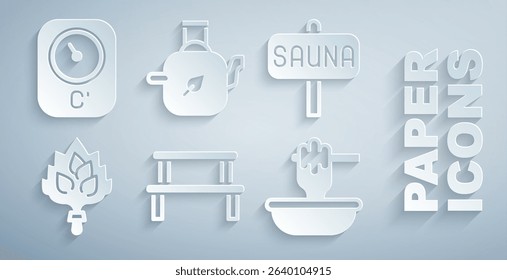 Set Sauna wood bench, broom, Honey dipper stick with bowl, Teapot leaf and thermometer icon. Vector