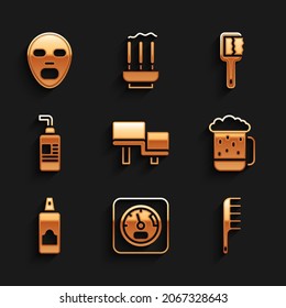 Set Sauna wood bench, thermometer, Hairbrush, Wooden beer mug, Spray can for hairspray, Cream lotion cosmetic tube,  and Facial mask icon. Vector