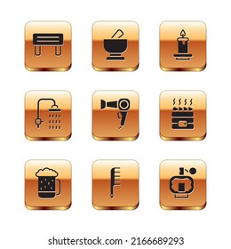 Set Sauna wood bench, Wooden beer mug, Hairbrush, dryer, Shower, Aroma candle, Aftershave and Mortar pestle icon. Vector