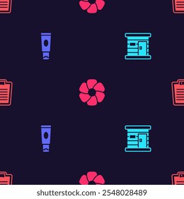 Set Sauna wooden bathhouse, Cream or lotion cosmetic tube, Flower and Bathroom scales on seamless pattern. Vector