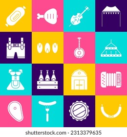 Set Sausage, Accordion, Massive steel chandelier, Violin, Pistachio nuts, Lederhosen, Salami sausage and Banjo icon. Vector