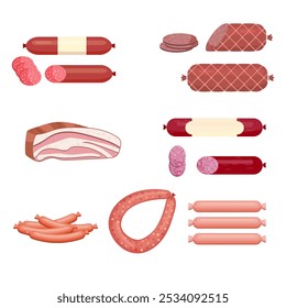 Set of sausage. Bacon. Salami. Smoked Boiled. Slices. Isolated objects on a white background, vector illustration in flat design