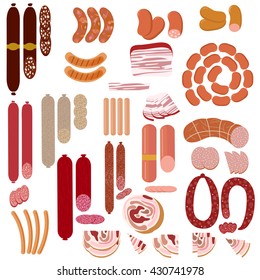 Conjunto de salsicha. Bacon. Salame. Fervido defumado. Fatias. Objetos isolados em um fundo branco, ilustração vetorial