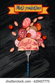 Set of sausage. Bacon. Salami. Smoked Boiled. Slices. Isolated objects on a chalk board background, vector illustration