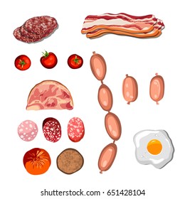 Set of sausage. Bacon. Salami. Smoked Boiled. Slices. Isolated objects on a white background, vector illustration